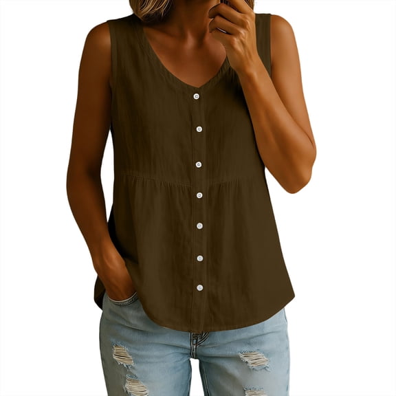 Cotton Linen Tops for Women,Cotton Linen Tank Tops for Women Empire Waist Button Down Blouses V Neck Peplum Tops Casual Sleeveless T-Shirt