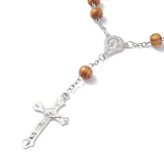 5 pc Religious Prayer Pine Wood Beaded Rosary Bracelet Virgin Mary Crucifix Cross Long Charm Bracelet for Easter Platinum 7-3/8 inch(18.7cm)