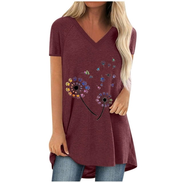 T-Shirt Long à Manches Courtes Col en V Imprimé Décontracté pour Femmes Grande Taille