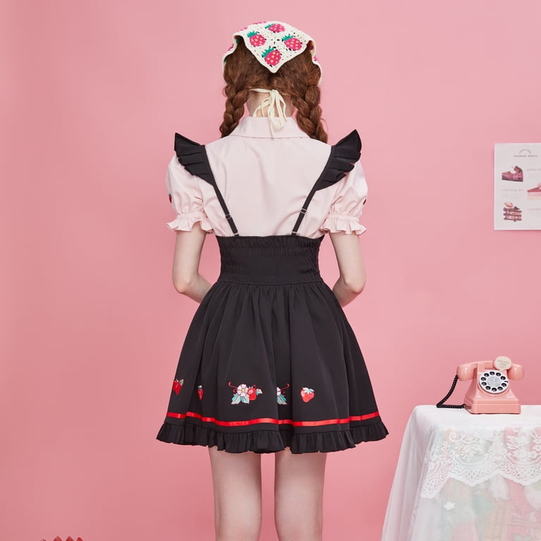 [Officially Licensed] Strawberry Shortcake Women's Pink and Black Overall Dress Set Casual Dress with Shirt