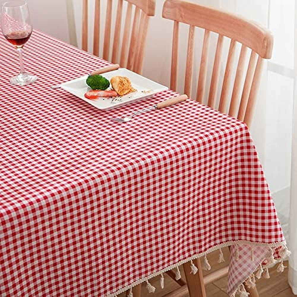 NAMZI Checkered Table Cloth, Vintage Gingham Checkered Tablecloth with Tassel, Red and White Plaid Cotton Linen Table Cover, Rectangle Dustproof Tablecloth for Kitchen Dining Decoration（Red）