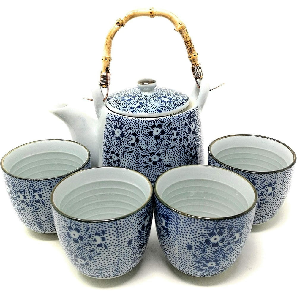 TJ Global Chinese Japanese Porcelain Tea Set with Blue Floral Design