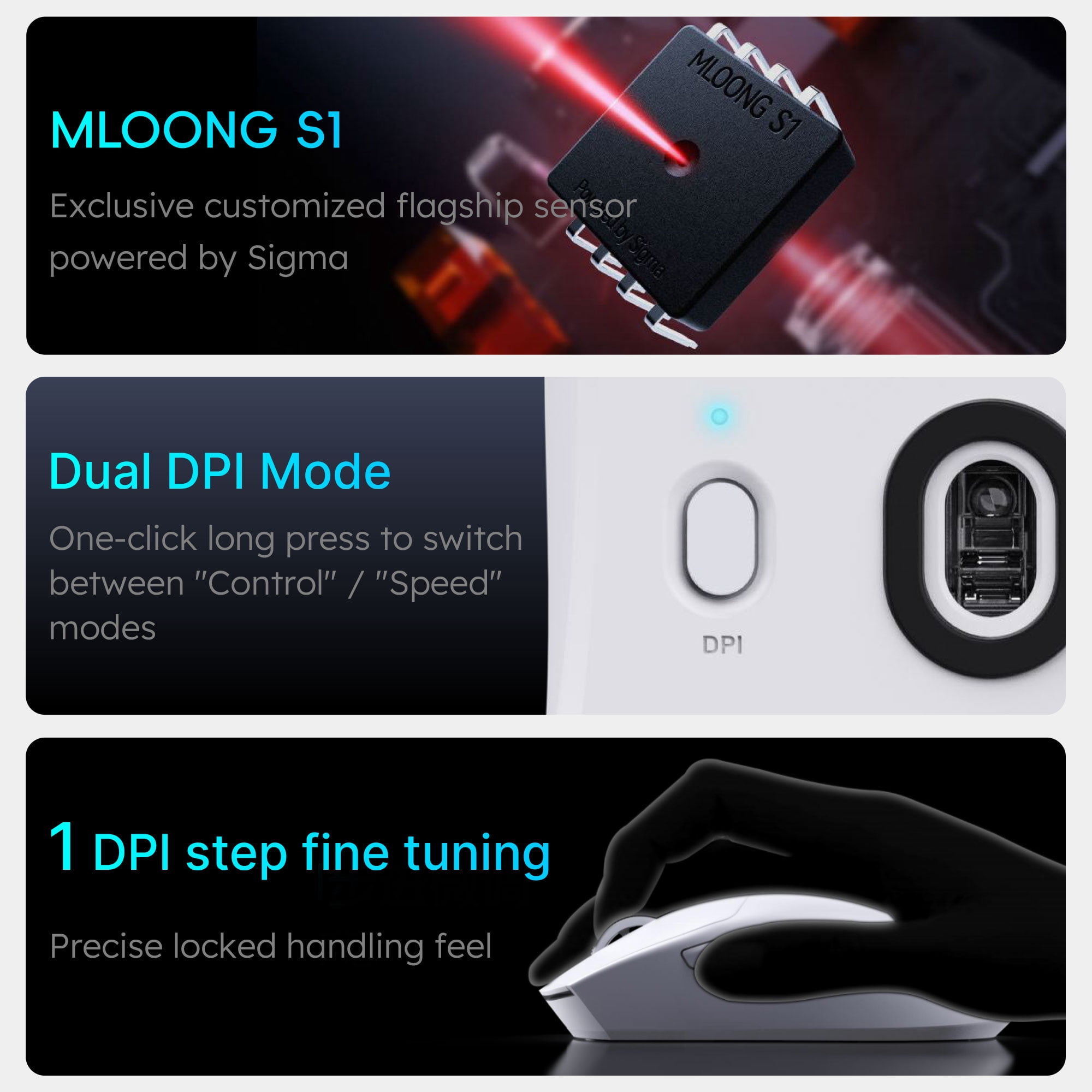 MLOONG MX301 eSports-grade Wireless Gaming Mouse, 16,000 DPI, 56g Lightweight, 140h Battery, Web driver, Compatible with PC and Mac