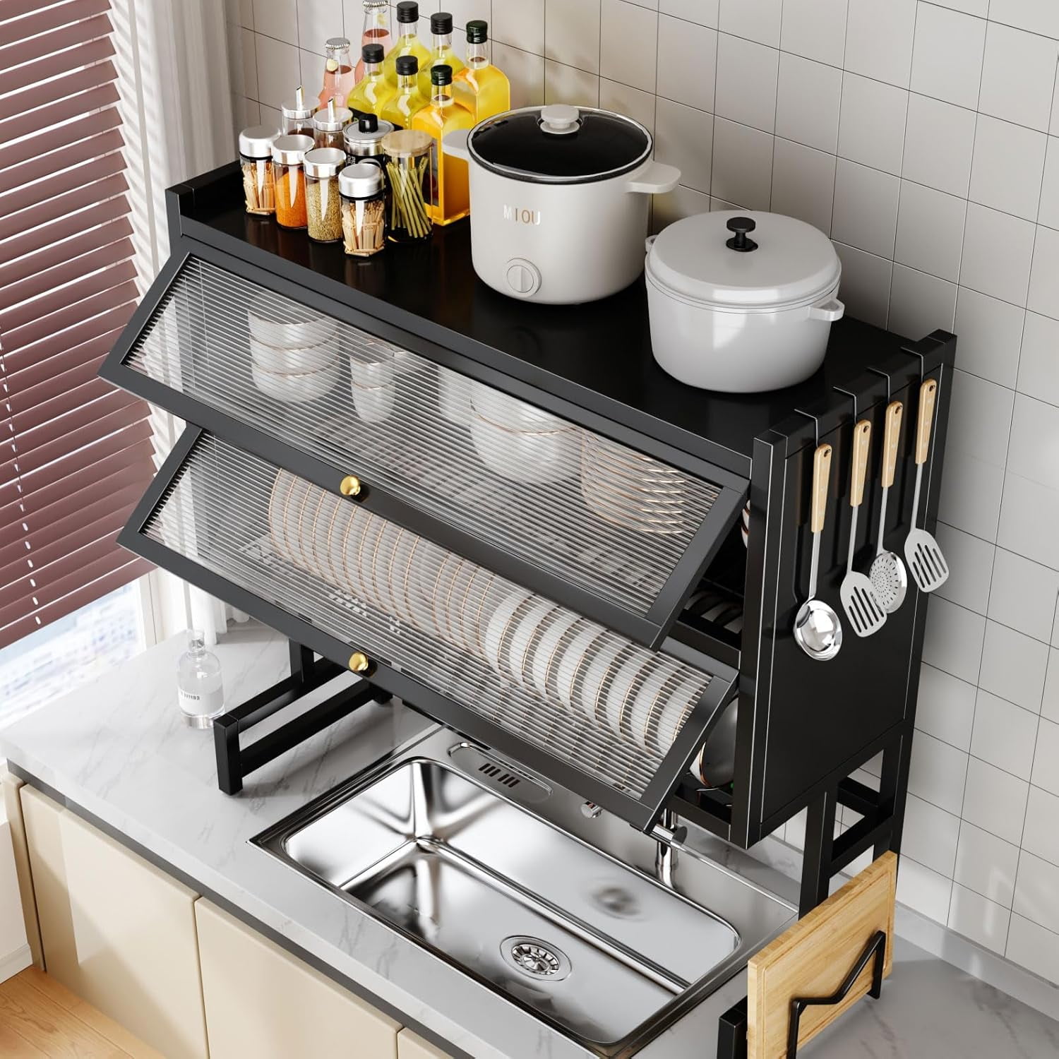 HOUGEET Dish Drying Rack Over The Sink, 2-Tier Kitchen Utensil Storage Organizer Shelf, Space-Saving ，Efficient Sink Drainer and Storage Solution - 85cm/33.46in (Black