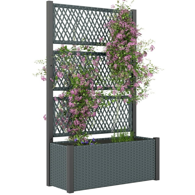 Outsunny Outdoor Planter Box with Trellis, Wicker Garden Box, Dark Grey
