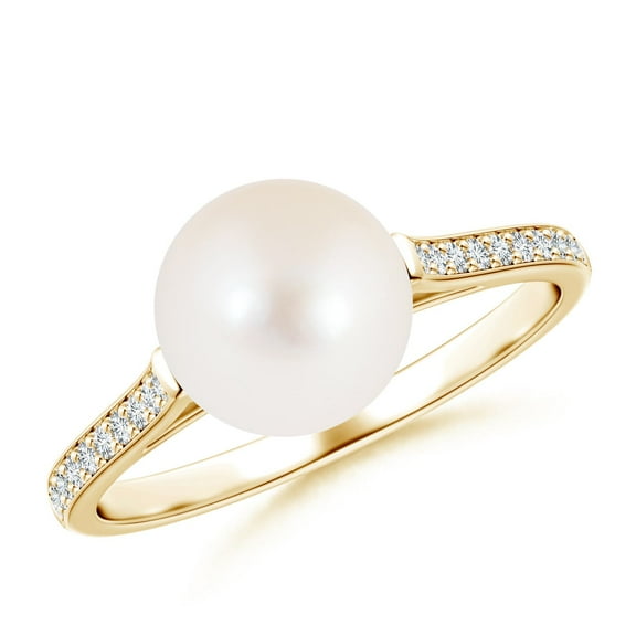ANGARA Freshwater Cultured Pearl Ring with Pave Diamonds in 14K Yellow Gold for Women | June Birthstone, Birthday, Anniversary, Jewelry Gift for Women | Pearl Ring