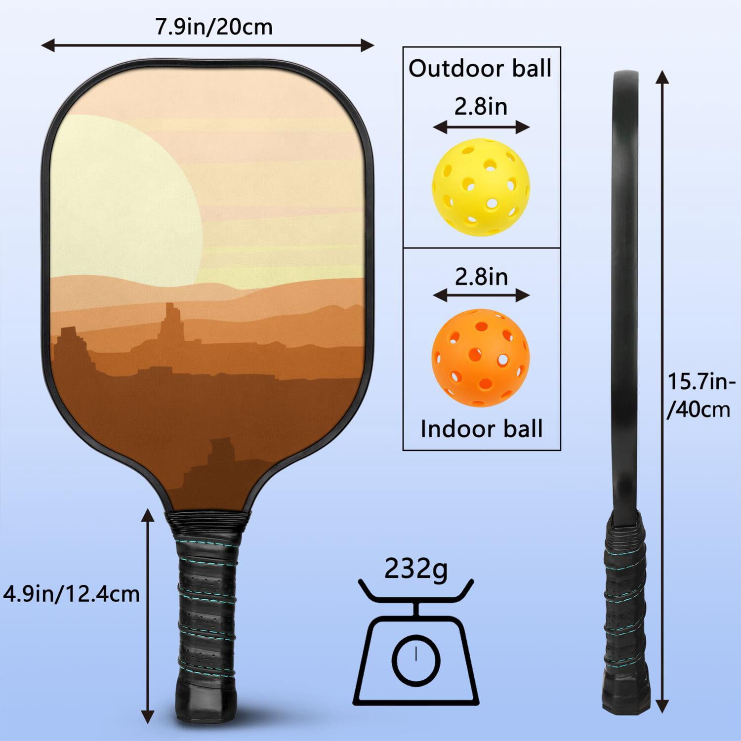 Pickleball Paddles Set Of 2, Fiberglass Surface, West & Cowboy Print, 4 Balls & Bag