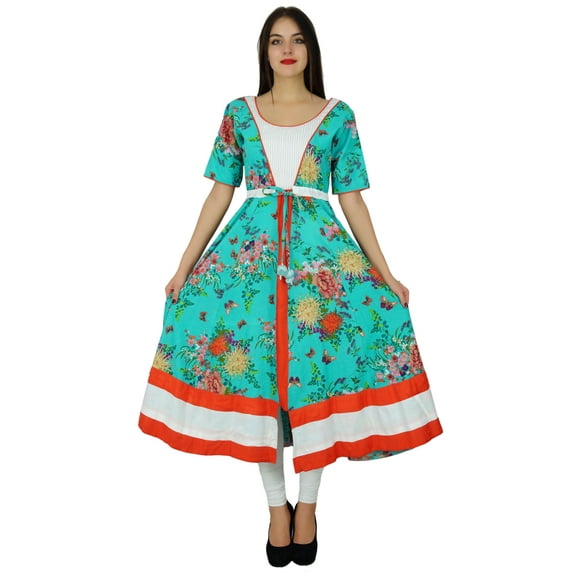 Bimba Womens Drawstring Waist Anarkali kurta Kurti Printed Cotton Kurti