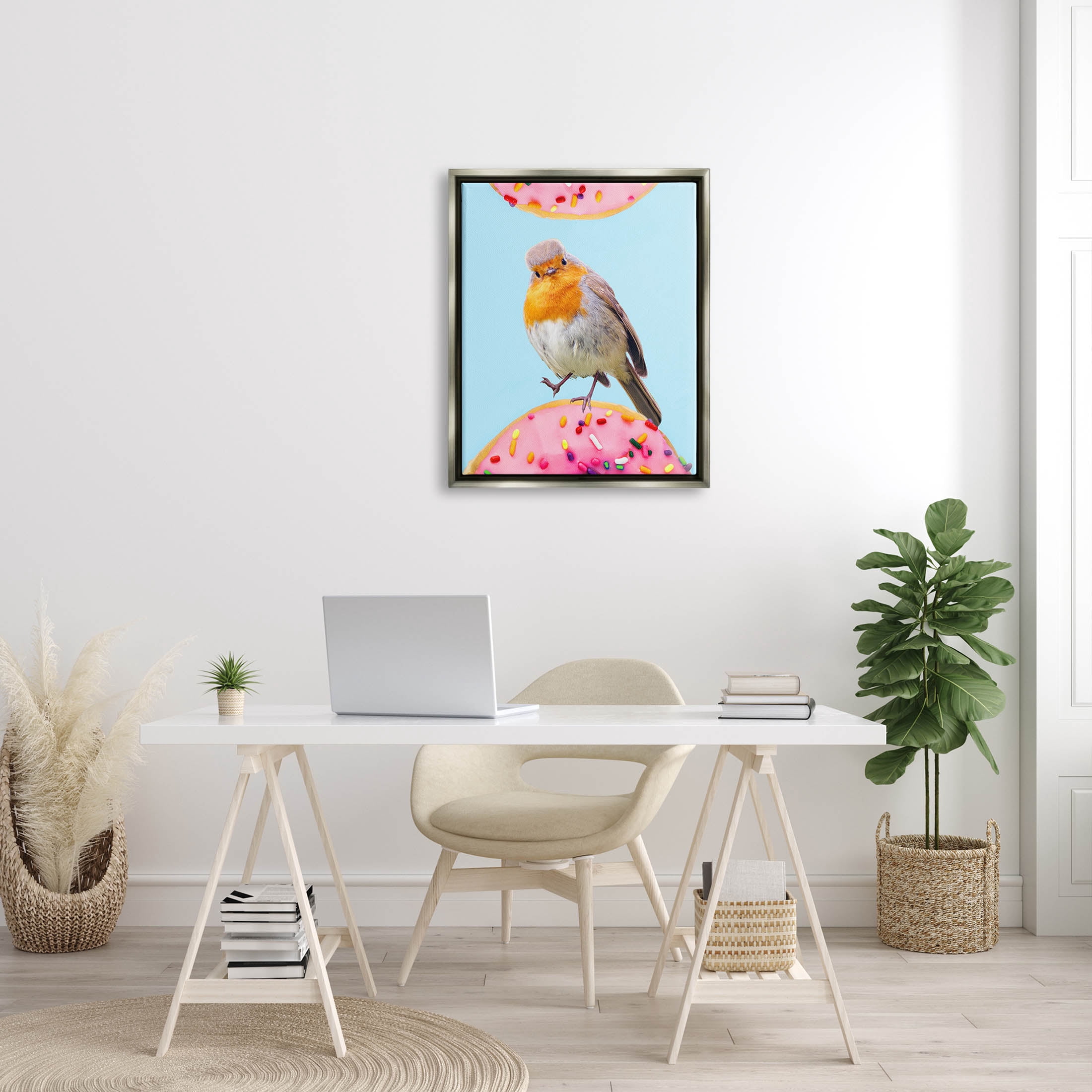 Bird Perched Sprinkled Donut Animals & Insects Graphic Art Luster Gray Framed Art Print Wall Art