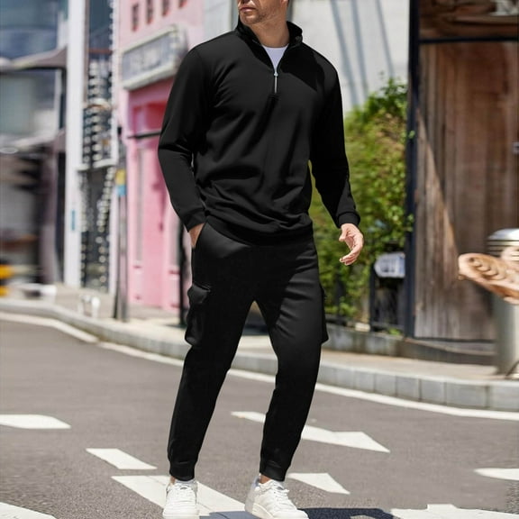 Donemore Men Loose Casual Sports Pocket Drawstring Pants Long Sleeve Turndown Collar Top Blouses Sets