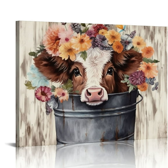 JEUXUS Cute Highland Cow Baby in Bucket Canvas Wall Art Rustic Bathroom Wall decor Farmhouse Colourful Feathers Flower Print Poster Funny Bath Cow Picture Wall Decor