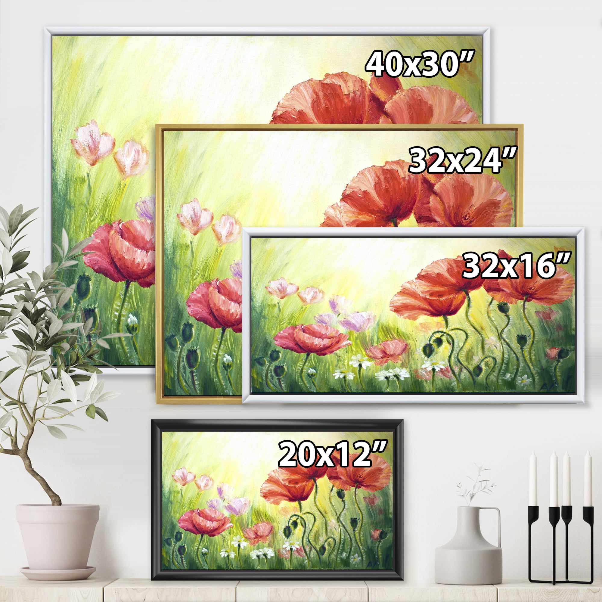 Designart 'Blossoming Red and Purple Poppies In The Morning I' Traditional Framed Canvas Wall Art Print