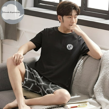 

QWZNDZGR Summer New Knitted Cotton Short Sleeve Men Pajamas Sets Male Pajama Set Letter Pajama For Men Sleepwear Suit Homewear Size XXXXL