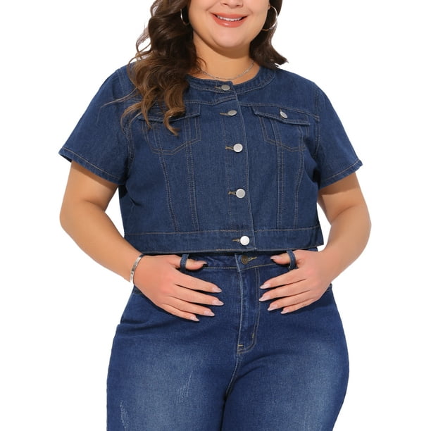 Chaleco de mezclilla recortado para mujer Agnes Orinda, talla grande, con cuello redondo, botones, mangas cortas, chaqueta de mezclilla casual con decoración de bolsillo 2X azul oscuro