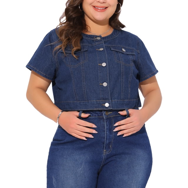 Chaleco de mezclilla recortado para mujer Agnes Orinda, talla grande, con cuello redondo, botones, mangas cortas, chaqueta de mezclilla casual con decoración de bolsillo 2X azul oscuro