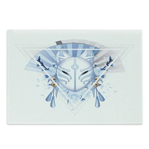 Kabuki Cutting Board, Fox Form Kitsune Japan Culture Theme Triangle Sakura Flowers, Decorative Tempered Glass Cutting and Serving Board, Large Size, Pale Blue White Beige, by Ambesonne