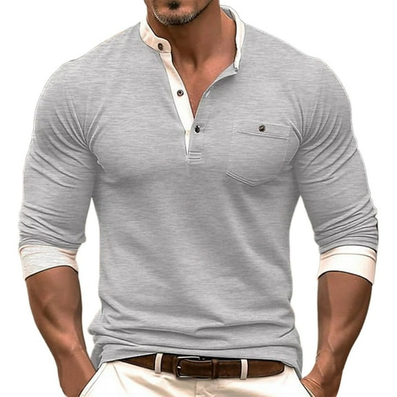 Jinhomg Big and Tall Mens Shirts Button Down Long Sleeve Band Collar Henley Shirt Casual Slim Fit Colorblock Work T-Shirts Gray,S