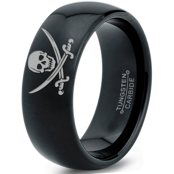 Tungsten Skull Crossbones and Swords Band Ring 8mm Men Women Comfort Fit Black Dome Polished