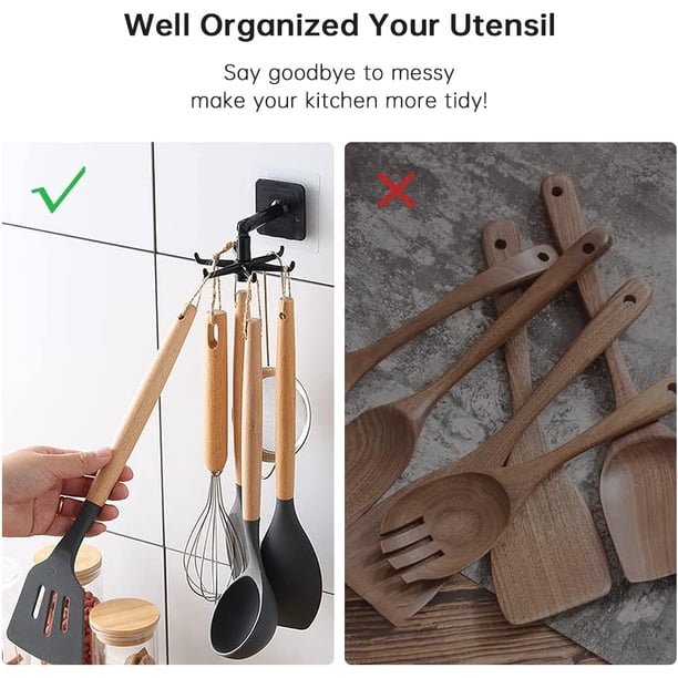 Gancho para utensilios de cocina, rotación de 360 °, ganchos para utensilios de cocina con 6 ganchos, 2 piezas de fijación, sin taladrar, estante de cocina, almacenamiento colgante LingWen 9024715832207