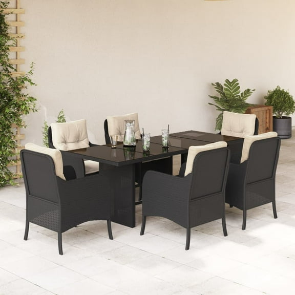 vidaXL 7 Piece Patio Dining Set with Cushions Black Poly Rattan