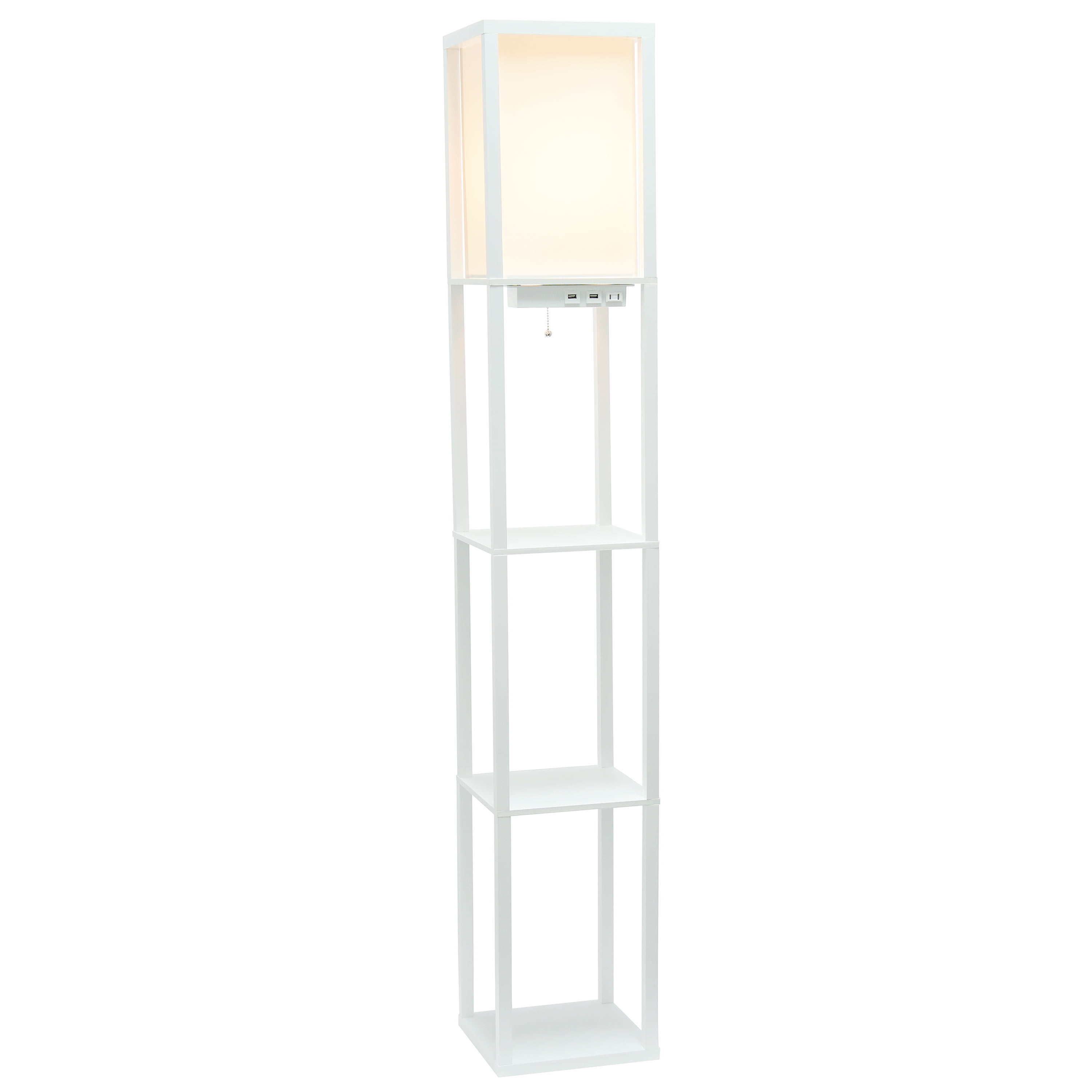 Simple Designs 62.5" 3-Shelf Etagere Floor Lamp with USB, Outlet & LED Bulb, White