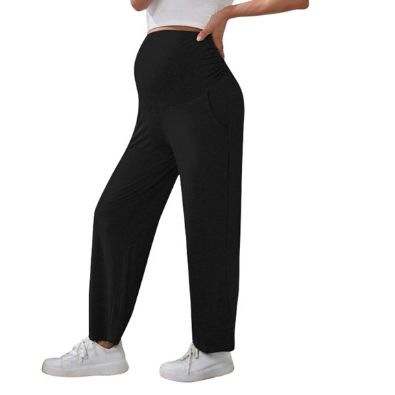 FUNUONY Womens Maternity High Waisted Lounge Pants Casual Stretchy Ribbed Palazzo Pants Pregnancy Trousers with Pockets Women's Maternity Pants for Work Capris Casual Comfort Ankle Pants Black L