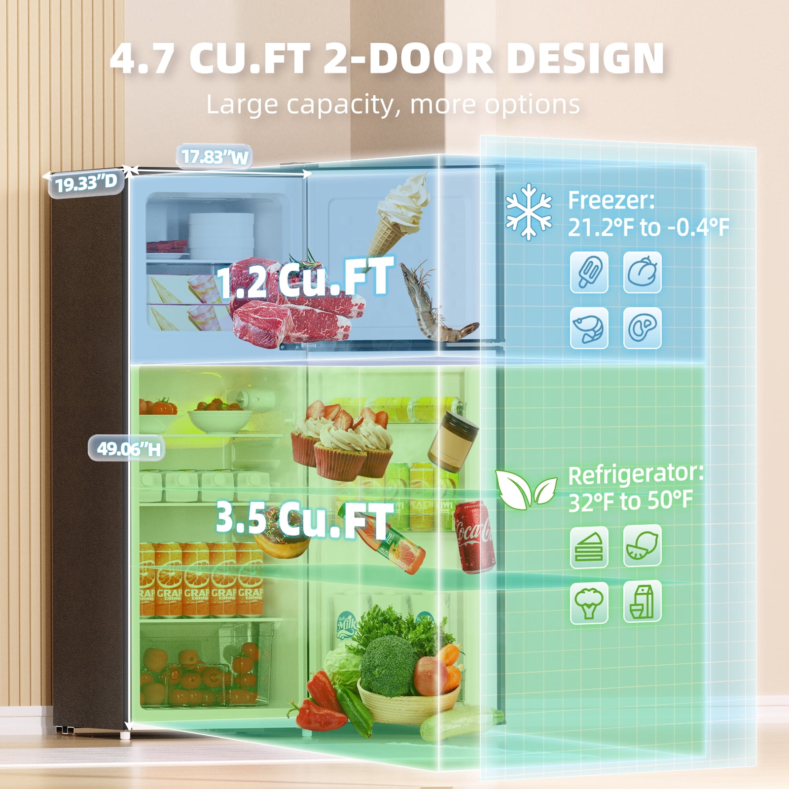 Frestec 4.7 Cu.Ft Mini Fridge with Freezer, Double Door Mini Fridge with Top Freezer, 7 Temperature Settings, Adjustable Shelves, Black