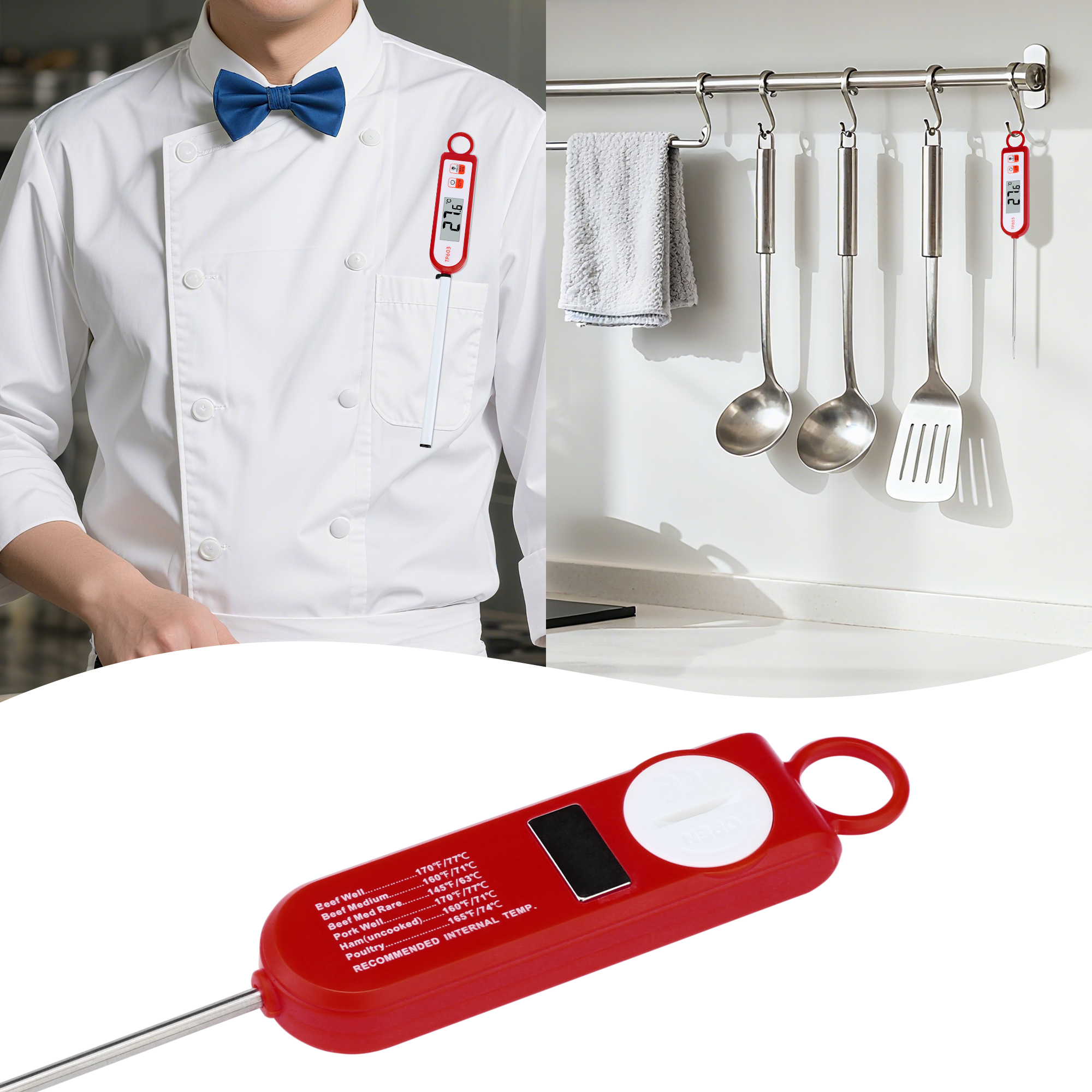 Unique Bargains Digital Instant Read Cooking Extra Long Probe Thermometer Red