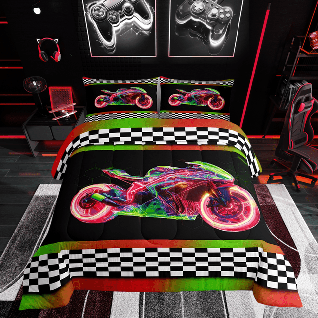 Erosebridal Teens Sports Comforter Sets Twin Size, Motorcycle Comforters & Duvets, Racing Checkered Decor, Reversible 2pcs