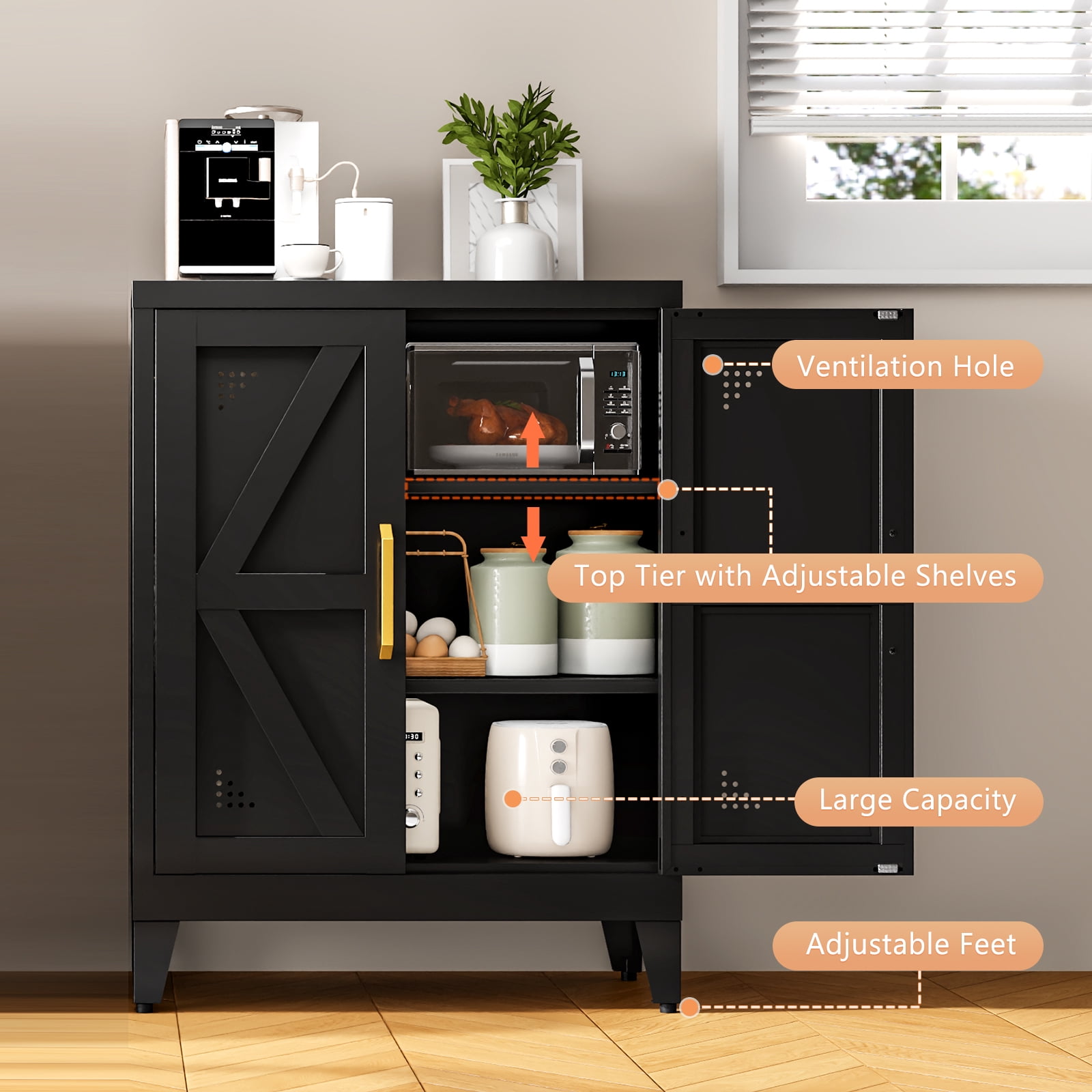 JHYKFG 32"Metal Pantry Storage Cabinet,Freestanding Sideboard with 2 Adjustable Shelves for Small Spaces, Living Room, Hallway, Dining Room,Black