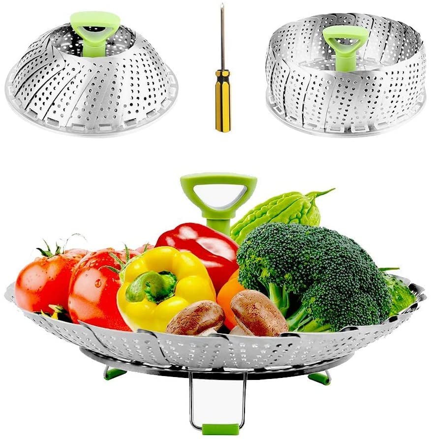 2 Sizes Yueser 2 Pieces Vegetable Steamer Basket Folding Stainless Steel Vegetable Steamer Basket with Anti-hot Extendable Handle and Non-Slip Removable Legs Fits Various Size Pot 
