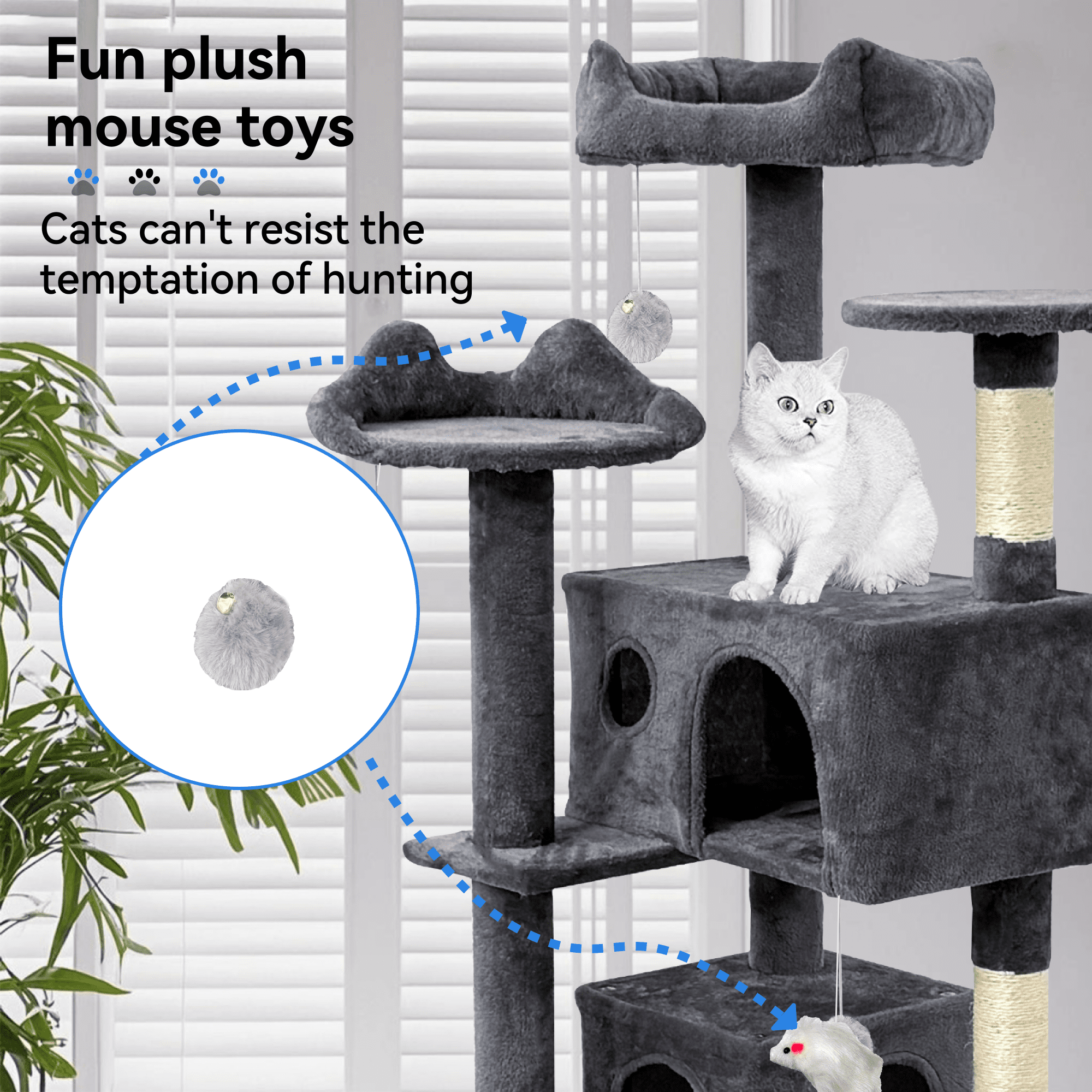 52" Tall Cat Tree Tower with Cat Condos - Large Cat Tree - Cat Tower for Indoor Cats - Play Scratch Hide Climb Activity Furniture with Toy