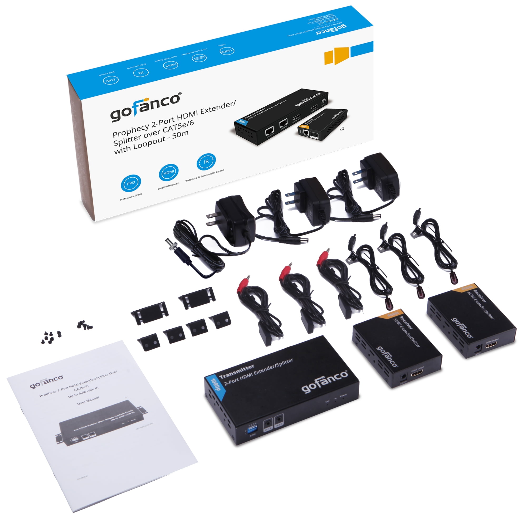 165ft 50m gofanco 2-Port HDMI Extender Splitter over CAT5e//6 HDExt2P-Pro