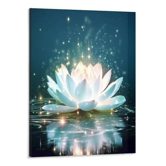 Creowell Spiritual Meditation Yoga Magic White Lotus Flower Wall Art Canvas Art Print Blooming Lotus Picture Framed Water Lily Wall Art Painting Home Decor for Bedroom 16x20 Inch