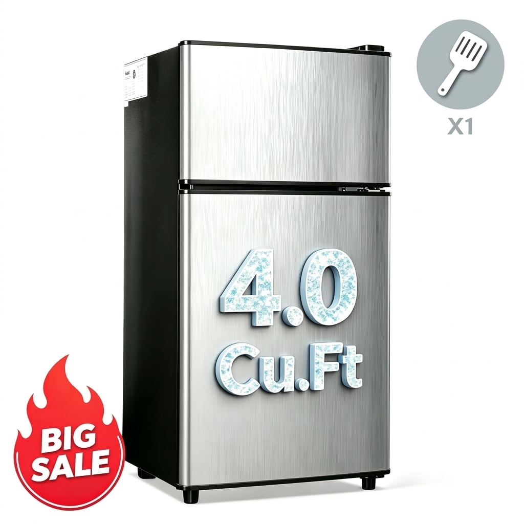 Compact 4.0 Cu.Ft 2Door TopFreezer Refrigerator, Ideal for for Bedroom, Kitchen, Dorm, Apartment, Garage, Office, Adjustable 7Level Thermostat,Energy Saving,Silver
