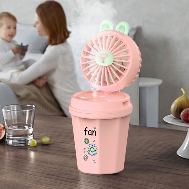 Ventilateur Portable Mini 4 Vitesses, Rechargeable, Atomisation Humidification, 3 Vitesses de Pulvérisation, 5 Vitesses de Vent, Portable & de Bureau, Adapté pour Voyage Intérieur Extérieur, Petit Refroidisseur pour Tous