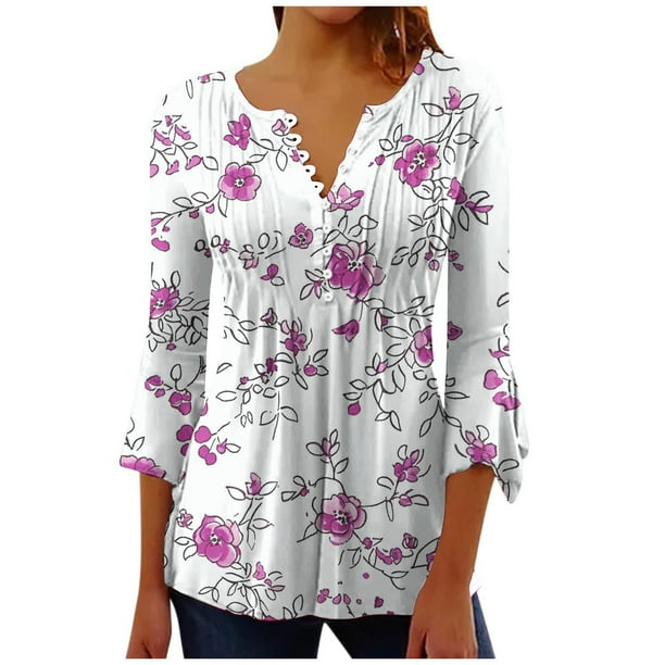 Camisetas de Cuello en V Mujeres, Impreso 3/4 Manga Blusa Casual Hecha de Cómodo Estante de Imitación para Toda la Temporada de Uso Diario, Camisetas Casuales de Mujer