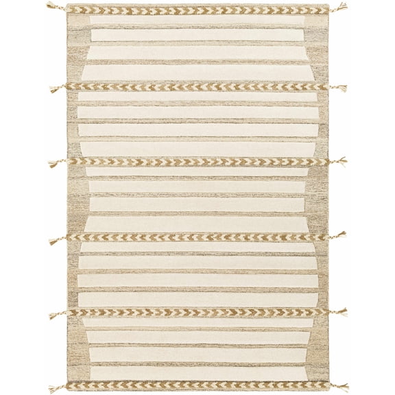 Hauteloom Abercarn Wool Living Room, Bedroom Area Rug - Striped Border Chevron Geometric - Bohemian Transitional Boho Farmhouse Tribal - Tan, Light Brown, Dark Red, Cream, Beige - 2' x 3'