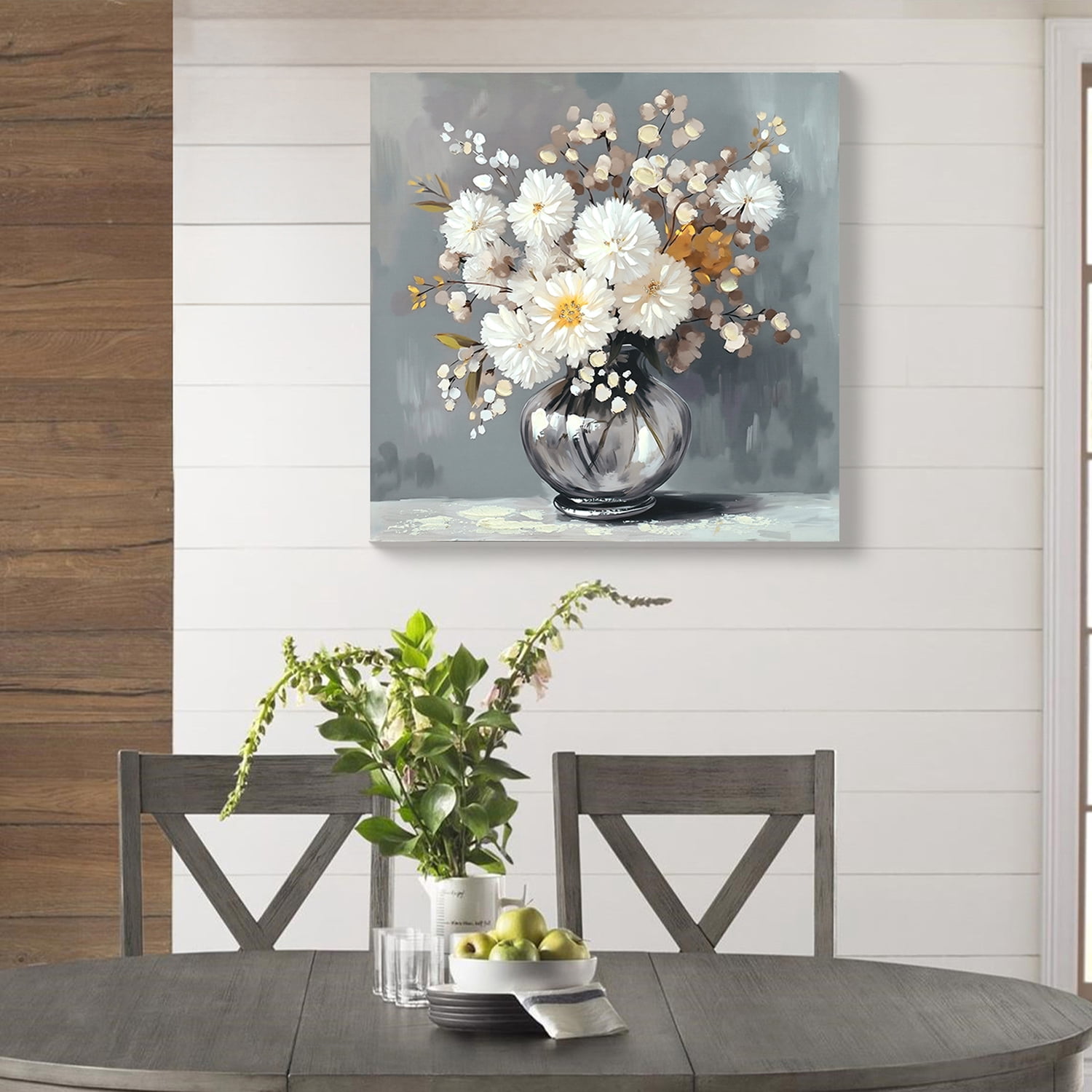 MOONMISS 24x24 White Chrysanthemum Glass Vase Canvas Print Wall Art Farmhouse Botanical Bedroom Decor