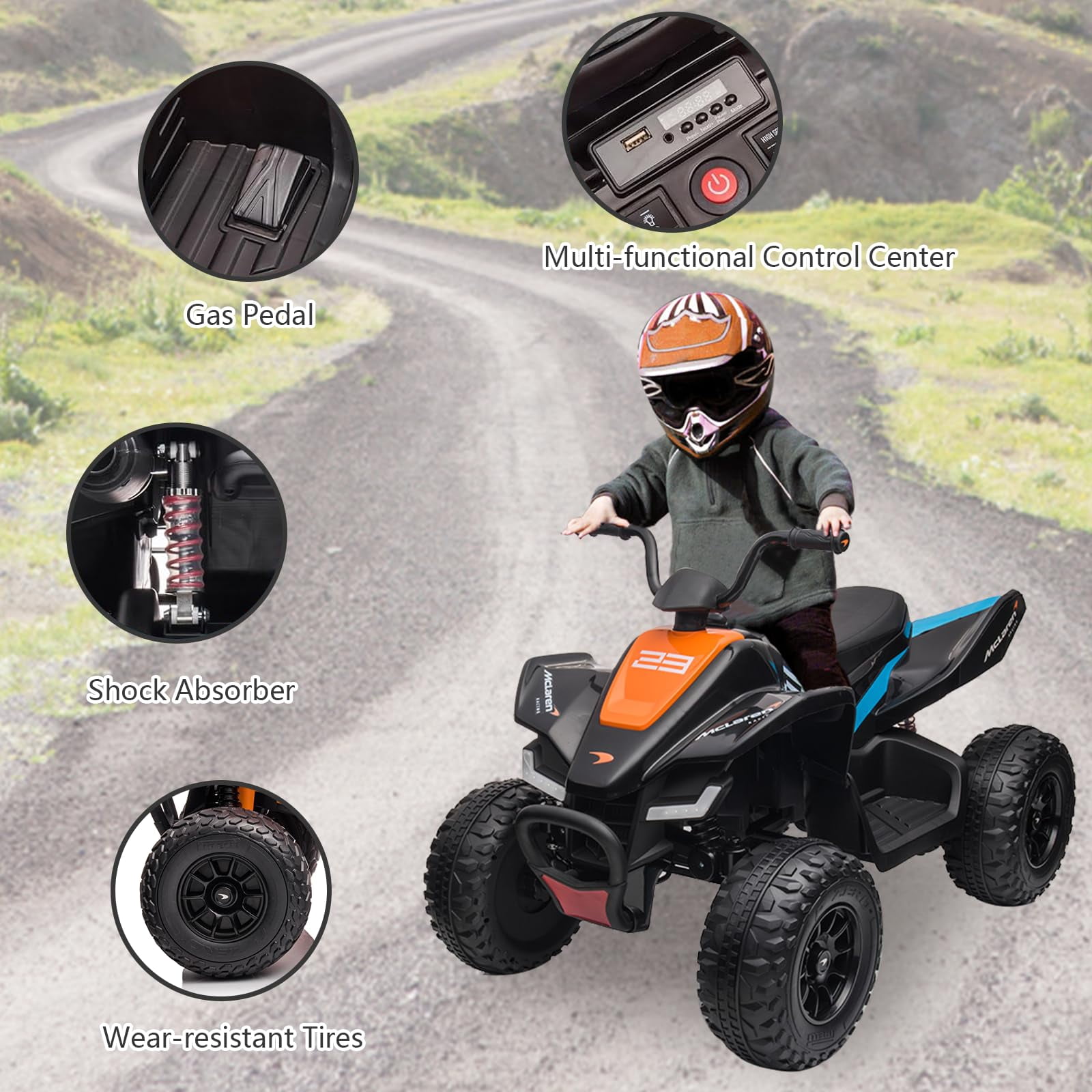 24V Battery Powered, 4-Wheeler Quad Car Toy ATV for 3-8yrs, Electric Off-Road Car with 2 Speeds, LED Lights, Bluetooth, MP3