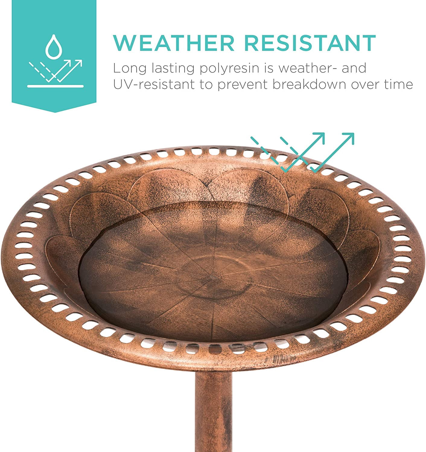 NIUMU  28in Pedestal Bird Bath, Vintage Outdoor Resin Accent Decoration w/Fleur-de-Lis Accents - Copper
