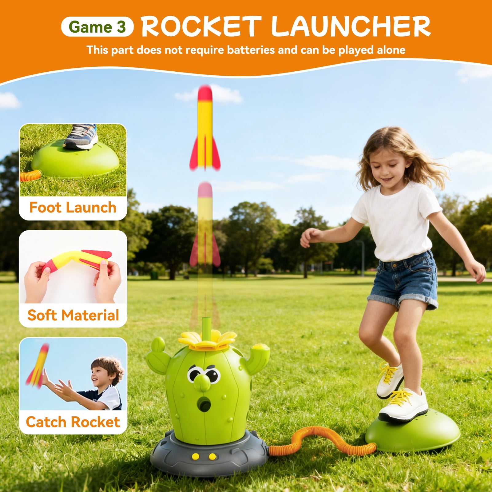KNMDU 4-in-1 Cactus Toy Set with Ring Toss, Baseball, and Stomp Rocket Launcher, Active Play Outdoor Toy for Kids Ages 4-8