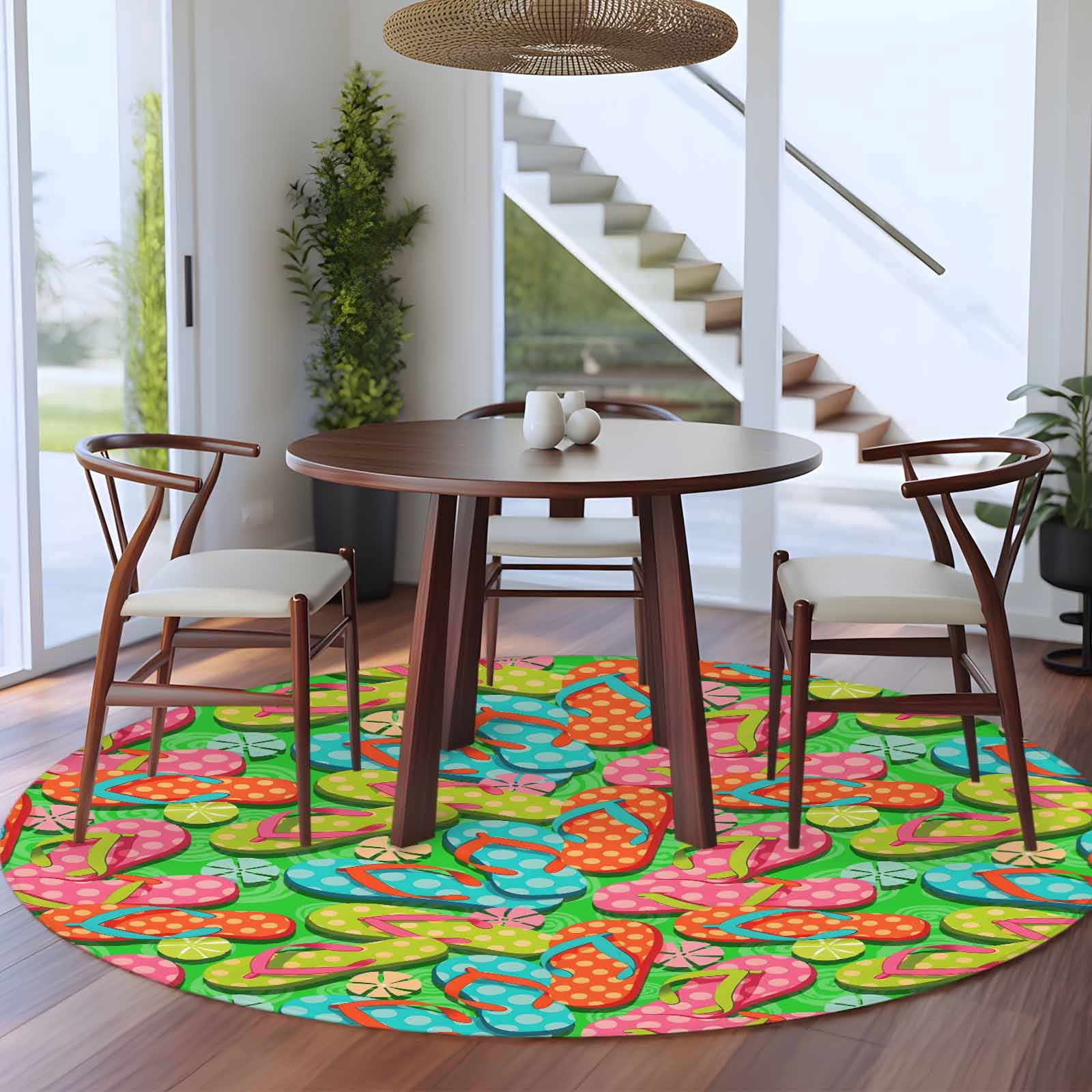 Watercolor Flip Flop Round Area Rug 8Ft Washable Large Circle Rugs for Living Room Dorm, Ocean Beach Slippers Summer Non-Slip Carpet Floor Mats Indoor Outdoor Carpet Runner Aesthetic Home Decor