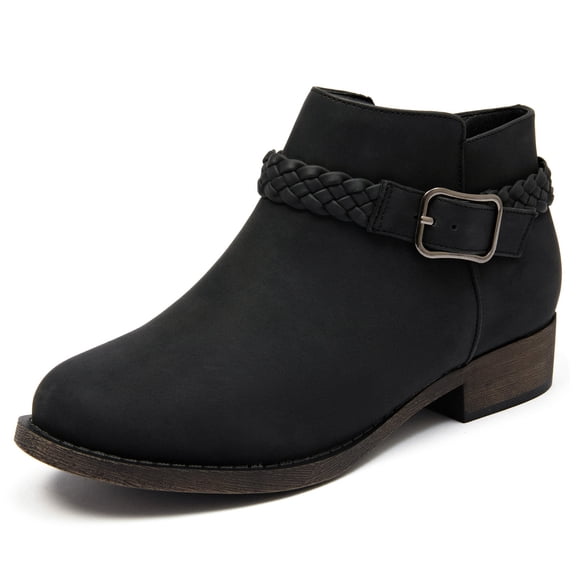 Women's Ankle Boots - Classic Side Zip, Comfortable Platform, Cover with Buckle Strap, Round Toe, Low Chunky Heel Comfort Slip On Fashion Black Boots.