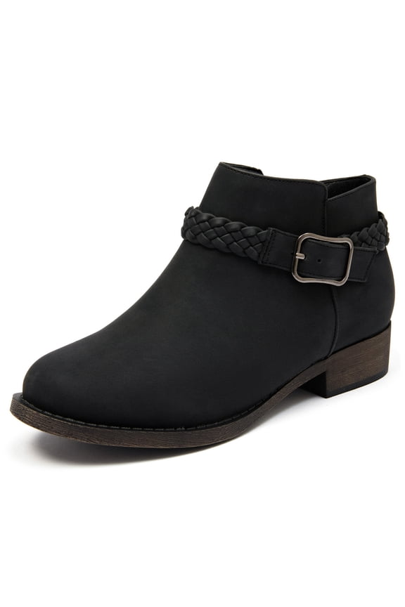Women's Ankle Boots - Classic Side Zip, Comfortable Platform, Cover with Buckle Strap, Round Toe, Low Chunky Heel Comfort Slip On Fashion Black Boots.