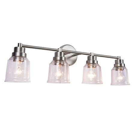 

Aspen Creative 62290 4 Light Vanity Fixture 29-1/4 W x 8-5/8 H x 6 E Brushed Nickel Finish Clear Seeded Glass Bulb Not Included
