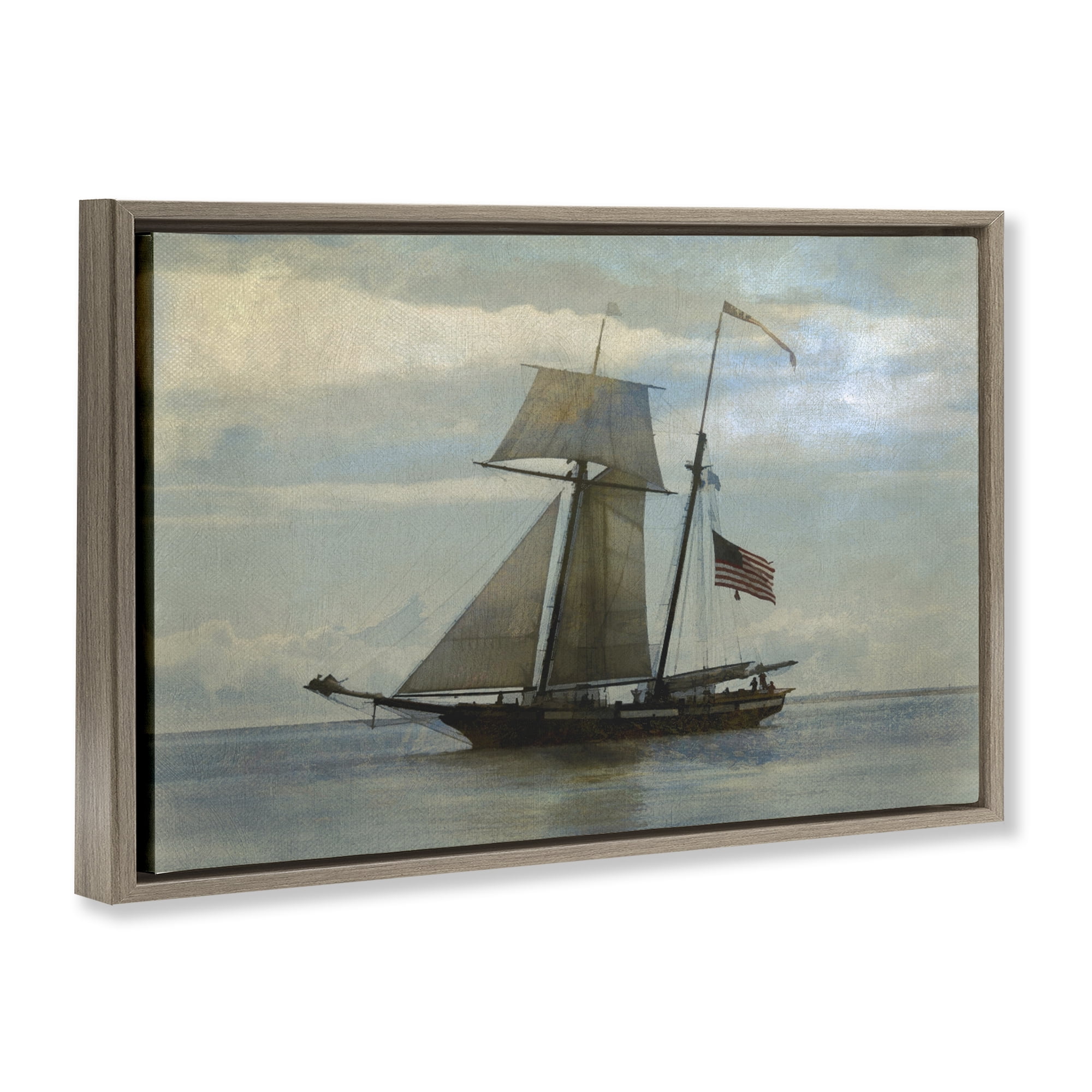 Stupell Industries Classic Ship with Flag Transportation Painting Brown Floater Framed Canvas Art Print Wall Art, 25 x 17