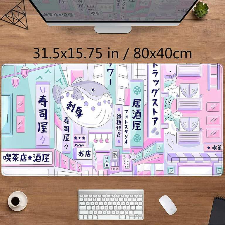 Anime Spring Japanese Village Desk Mat, Manga Style Rising Sun Mouse Pad,  Kawaii Colorful Sky XL Workspace Decor, Cute Desk Accessories 