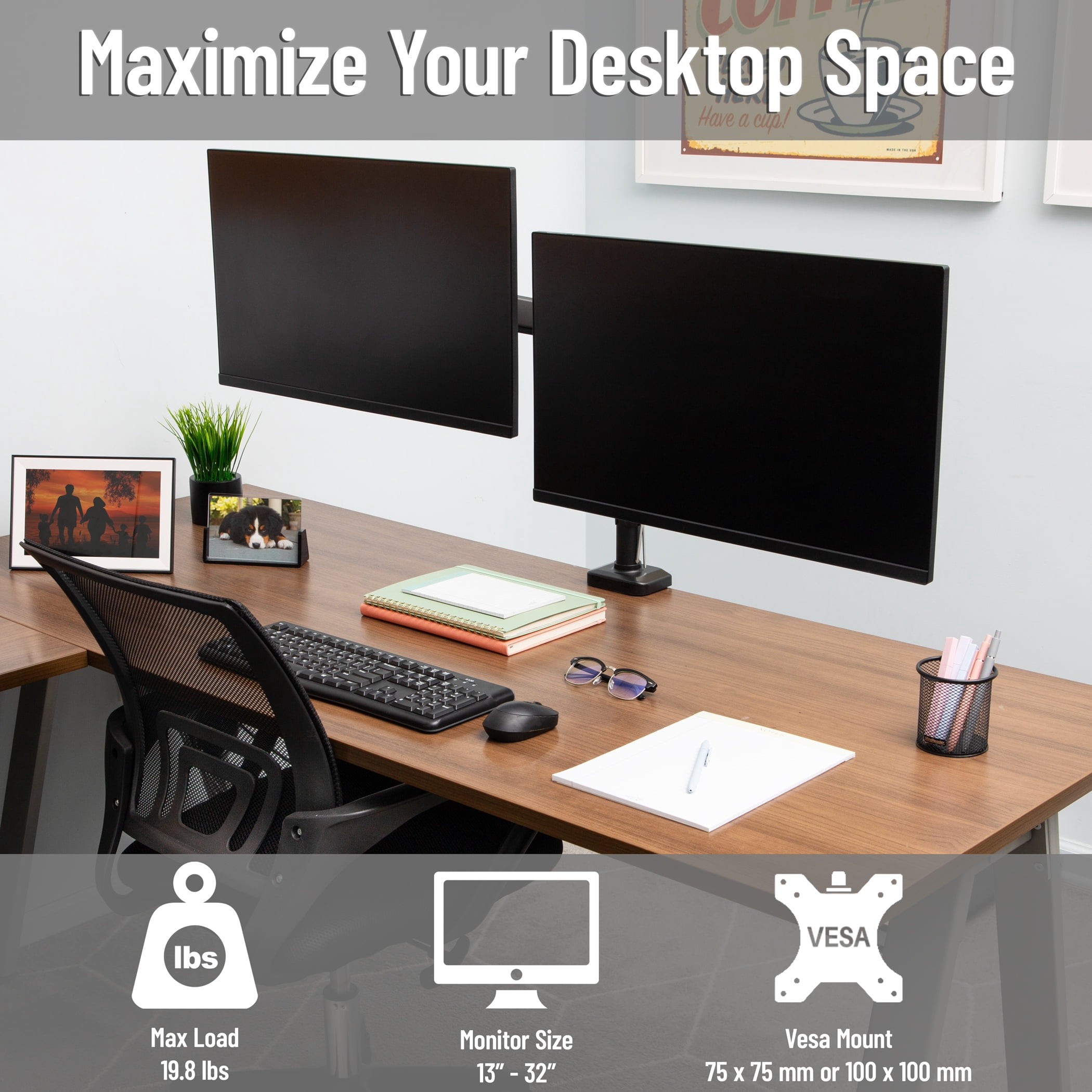 Mind Reader Dual Monitor Arm for 13–32 Inch Screens, Gas Spring VESA Desk Mount, ±180° Rotation, ±65° Tilt, ±180° Swivel, Holds up to 19.8 lbs Each, Black