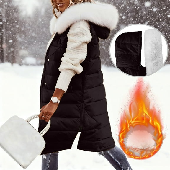 Cutuoiiu Women's Casual Winter Long Puffer Coats Stand Collar Sleeveless Hooded Zip up Coat with Pockets Gifts